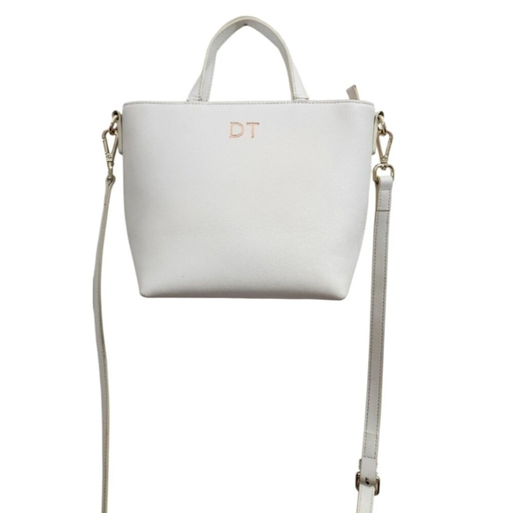 TDE White Structured Leather Tote Bag DT Logo Gold Hardware Crossbody Strap - Picture 2 of 15